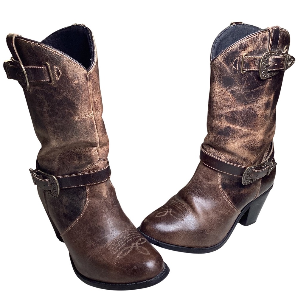 Dingo DI 648 Women's Brown Leather Harness Western Boots Size 9 M Buckle Moto